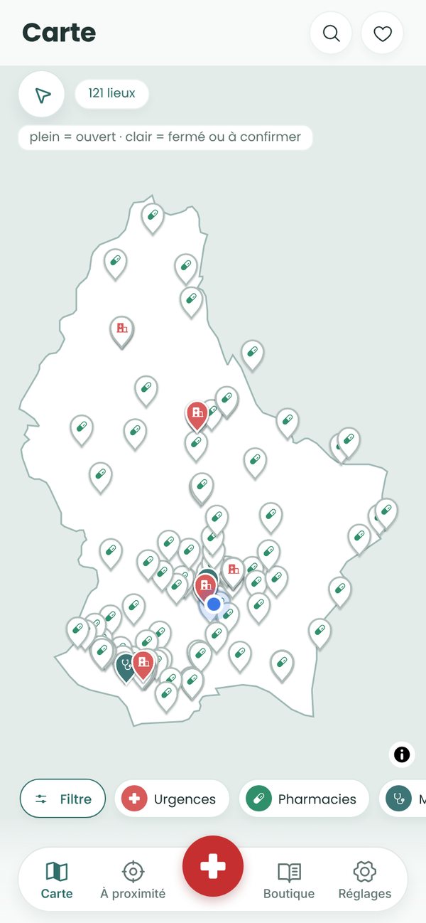 Écran Carte : les lieux de santé du pays