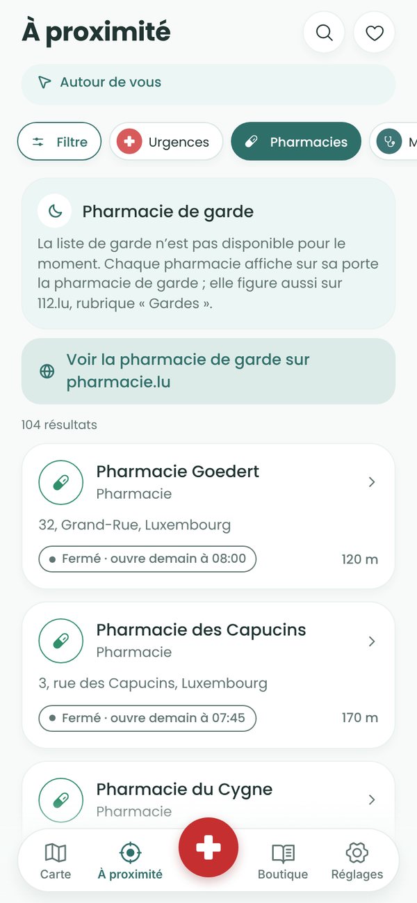 Écran À proximité : pharmacies classées par ouverture et distance