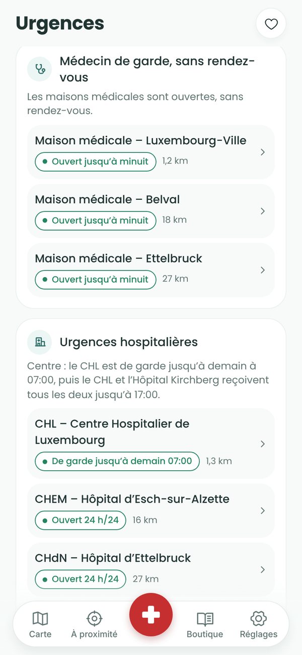 Écran Urgences : maisons médicales ouvertes et hôpital de garde de la nuit